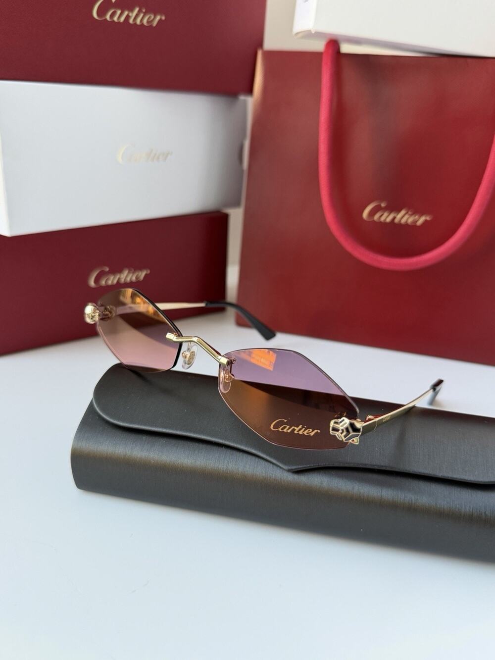 CARTIER Panthere De Cartier Sunglasses CT0433S 004 Gold Violet Lens AUTHENTIC - Picture 1 of 13